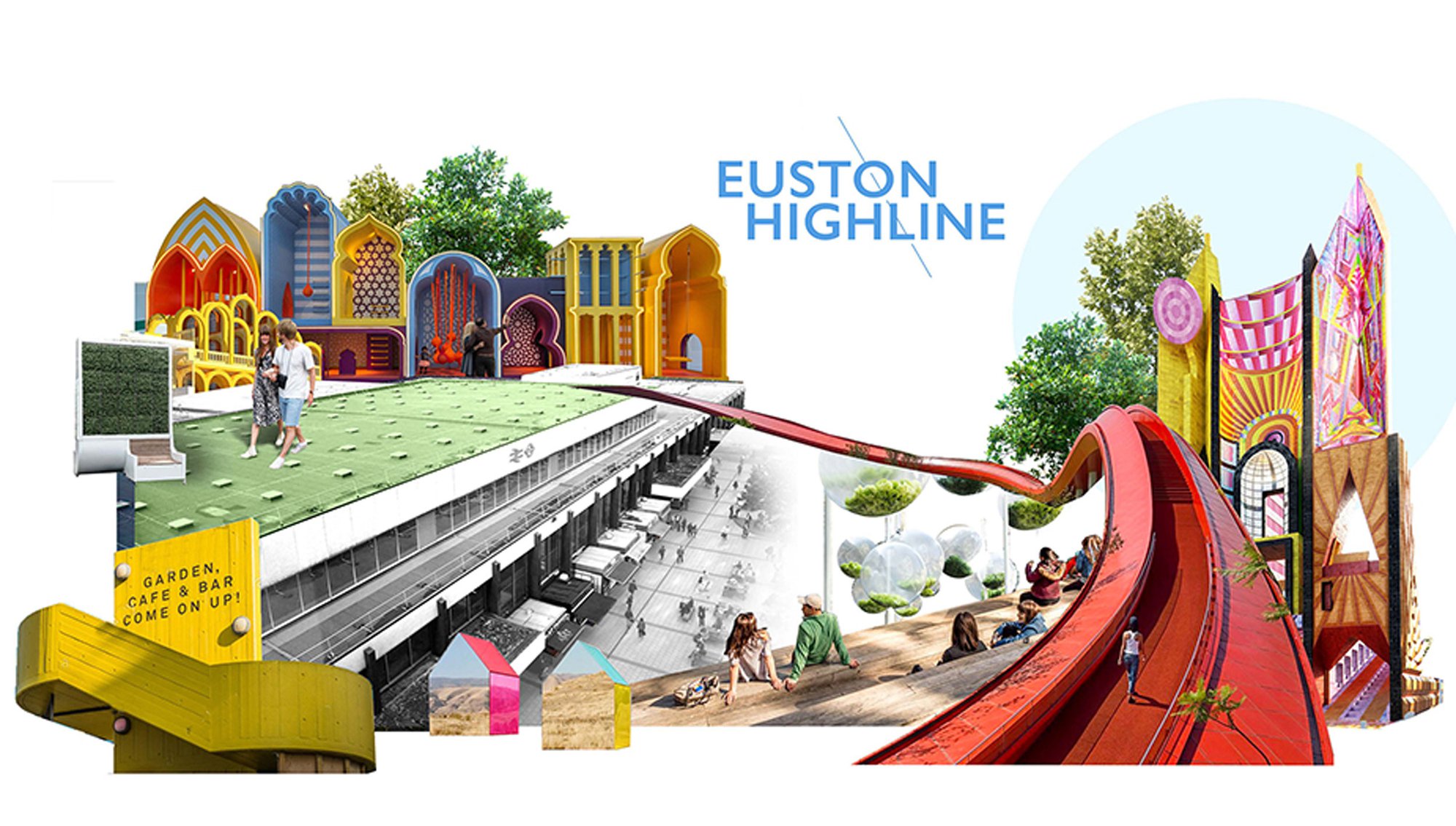 Hero images of Euston station showing a high line leading to the roof