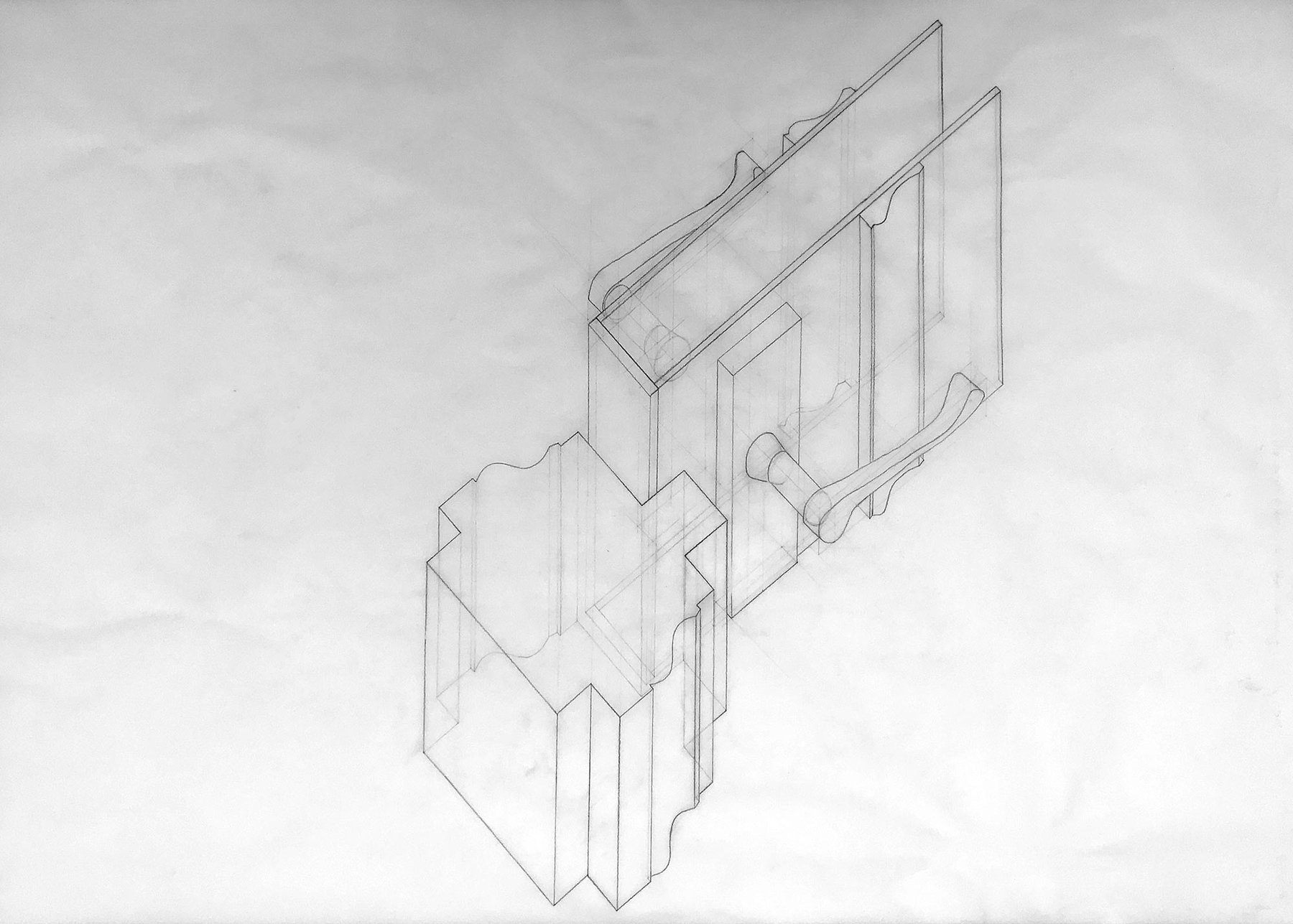 A pencil drawing showing in axonometric projection a cutout of a closed door containing the  handle and adjoining frame