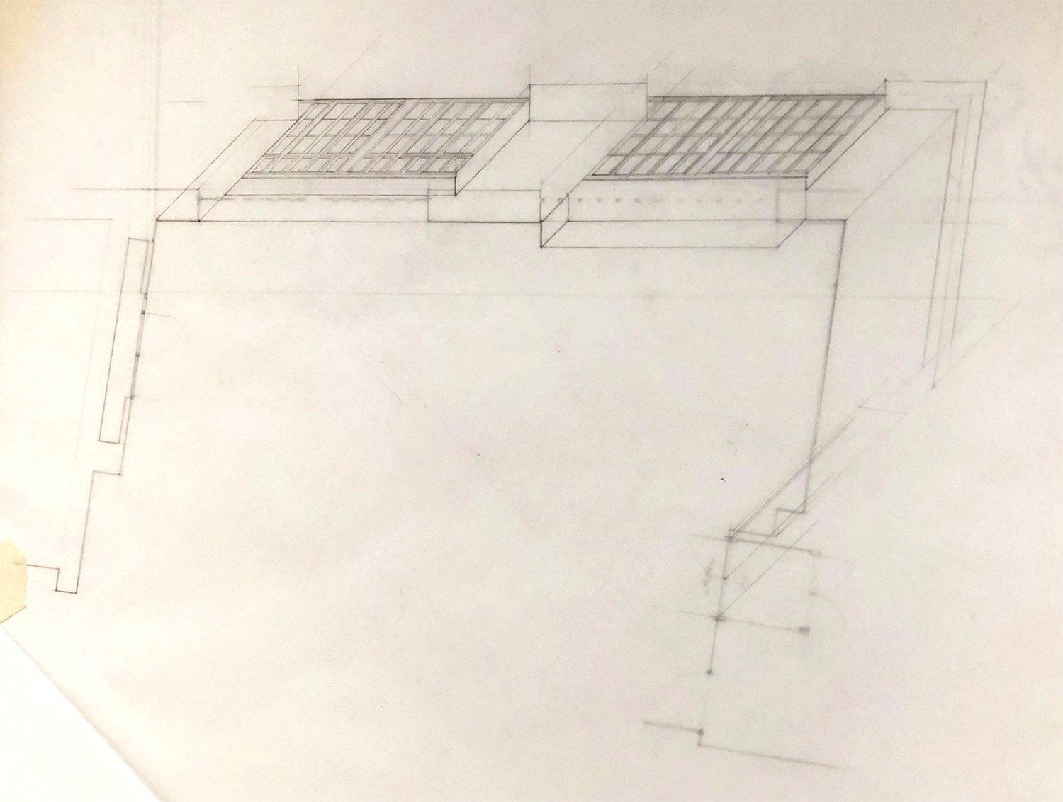 An axonometric pencil drawing of a section of a room inside the university. A series of large windows can be seen, including multiple divisions