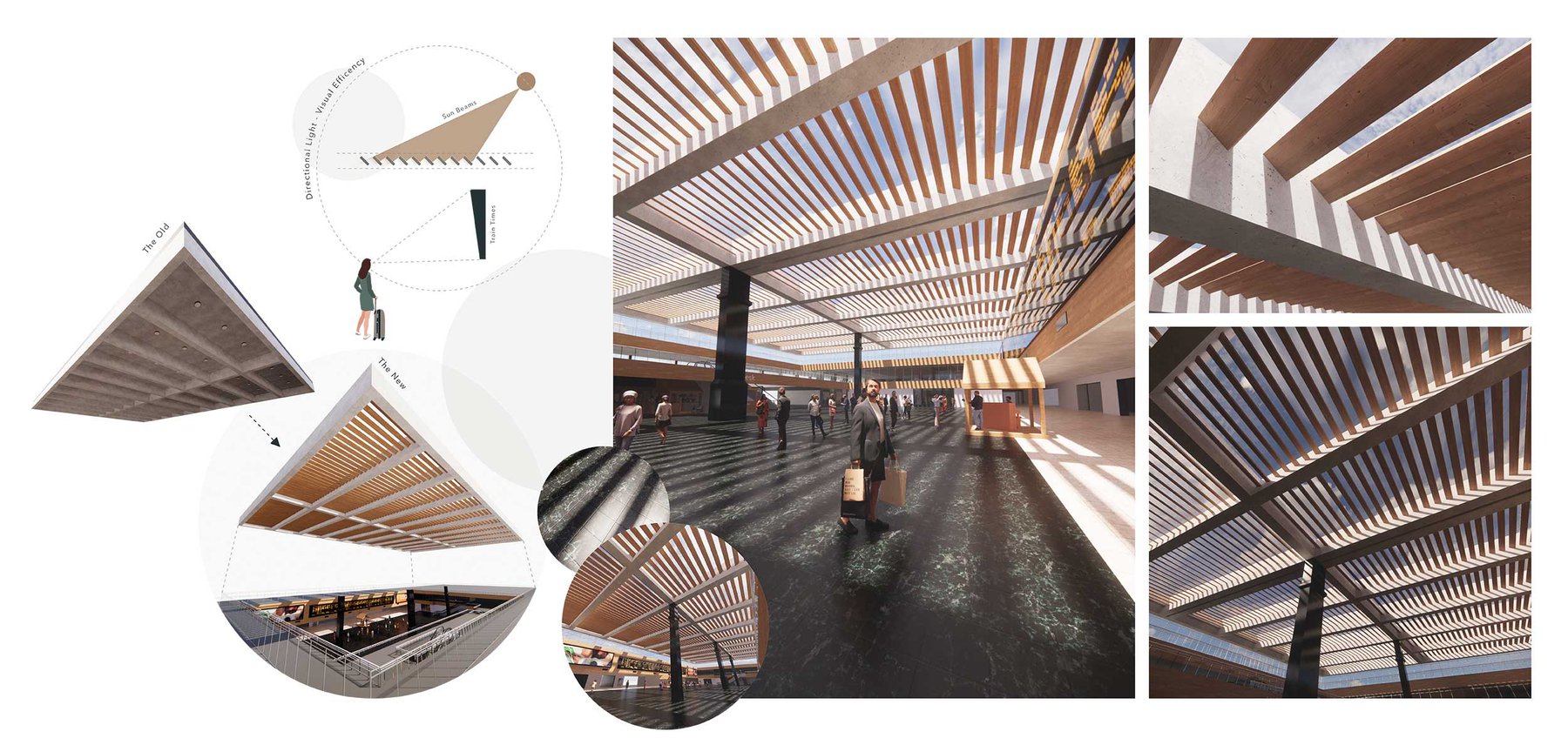 Images of a slattered ceiling detail for Euston Station within the concourse