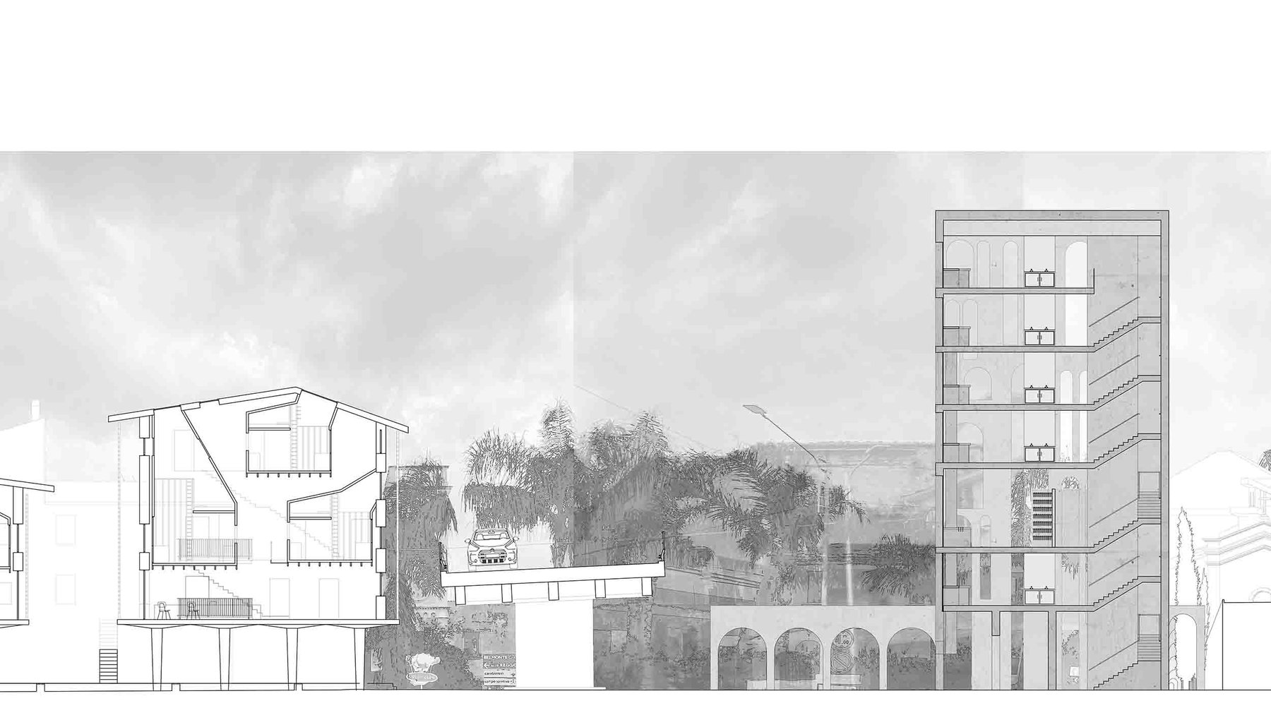 1:100 section of the proposed pasta factory tower in relation to the site context. The proposal uses local food culture as the heart of the concept for a re–urbanisation of Belmonte Calabro. Drawing by Hannah Brueckner