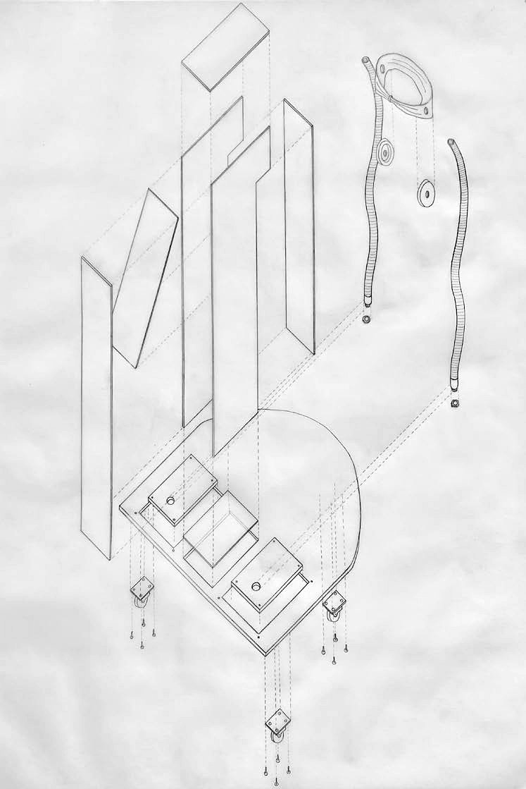 An exploded axonometric drawing of the components a device is made out of