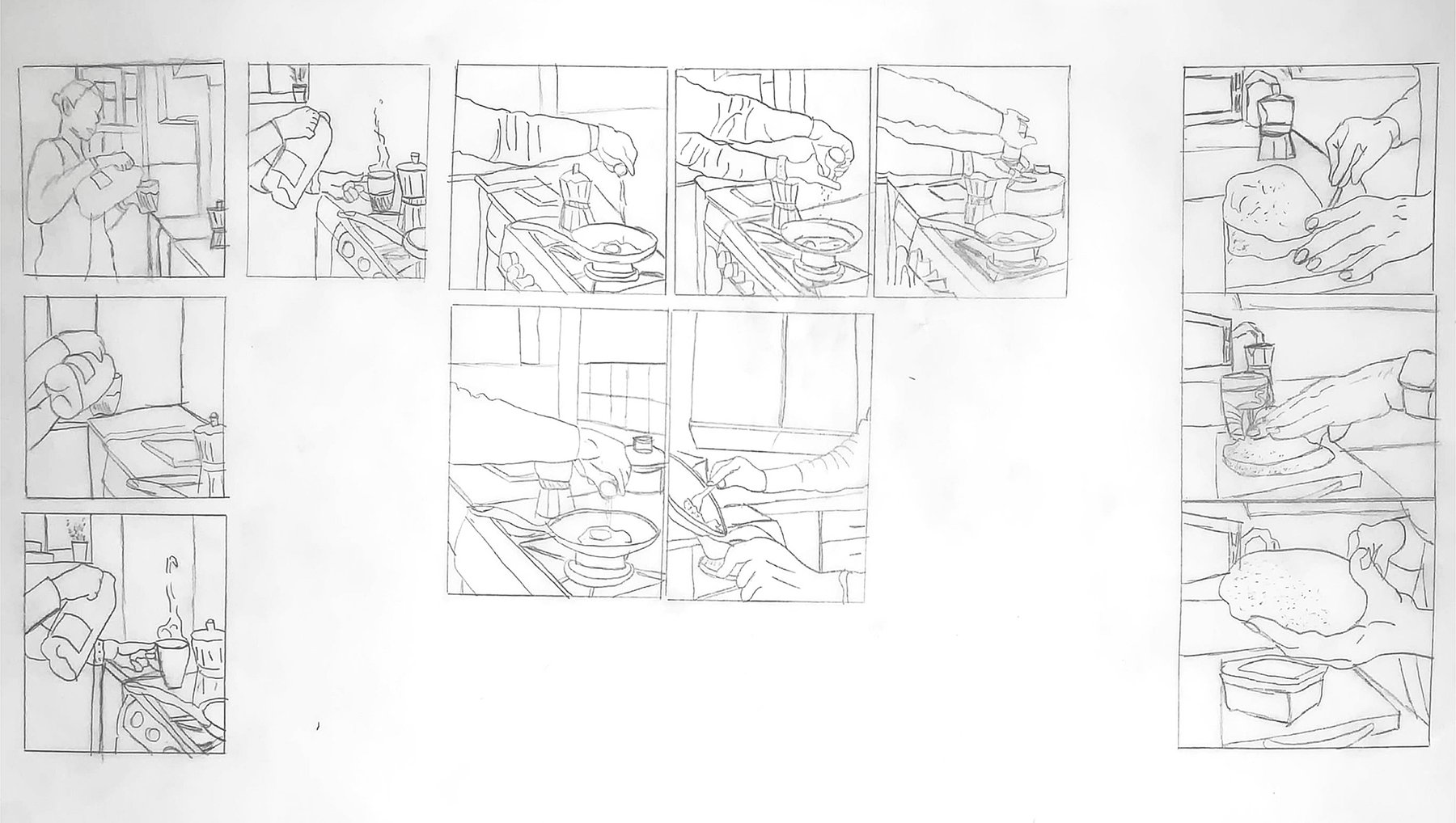 A sequence of movements involved in making breakfast. Sequences involved are putting milk into a steaming coffee cup, making fried eggs, and buttering a toast