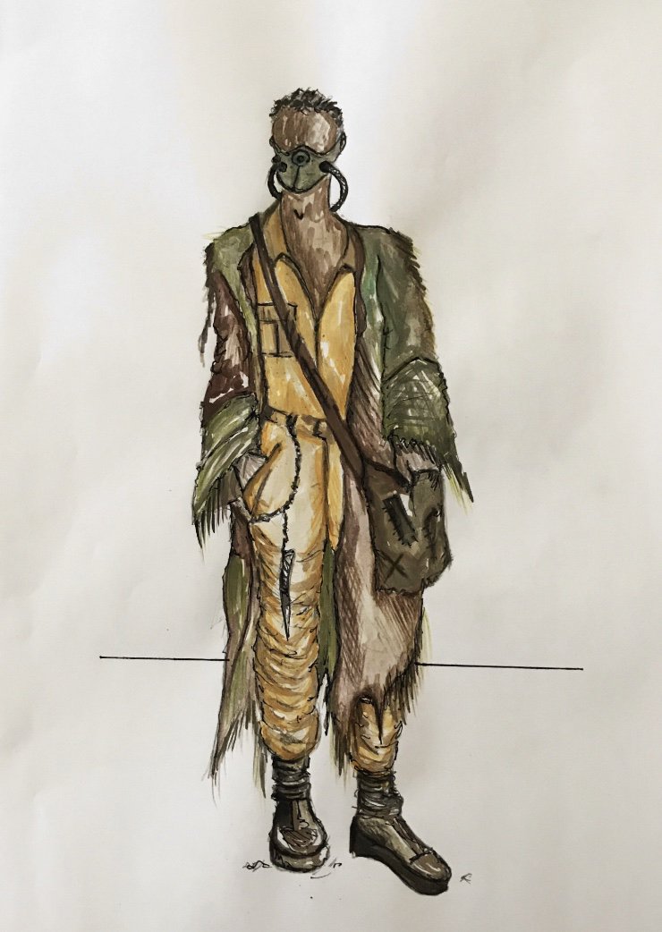 Costume design sketch of a male actor in the Festival piece Family Feud