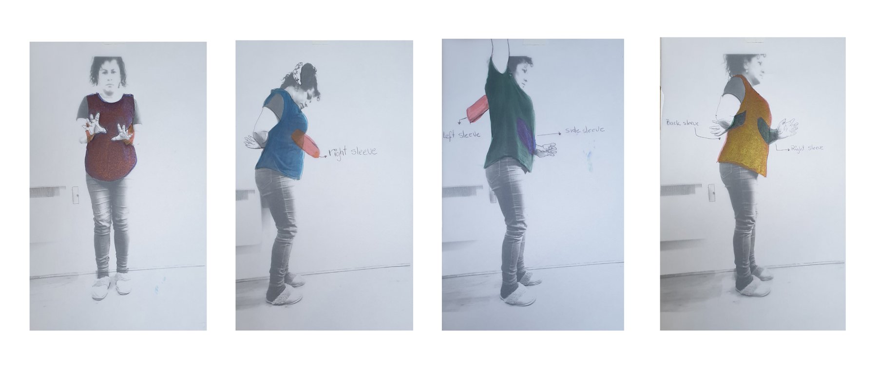 A series of 4 images showing in succession sketching in coloured pencil on top of 4 black and white images of the student holding their hands in uncomfortable and impossible positions. The drawings are annotated with instructions for the student.