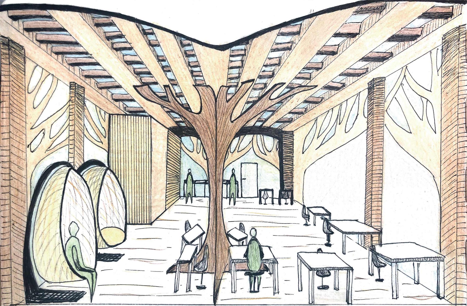 Hand drawn visual showing tree like structures and seating in a space
