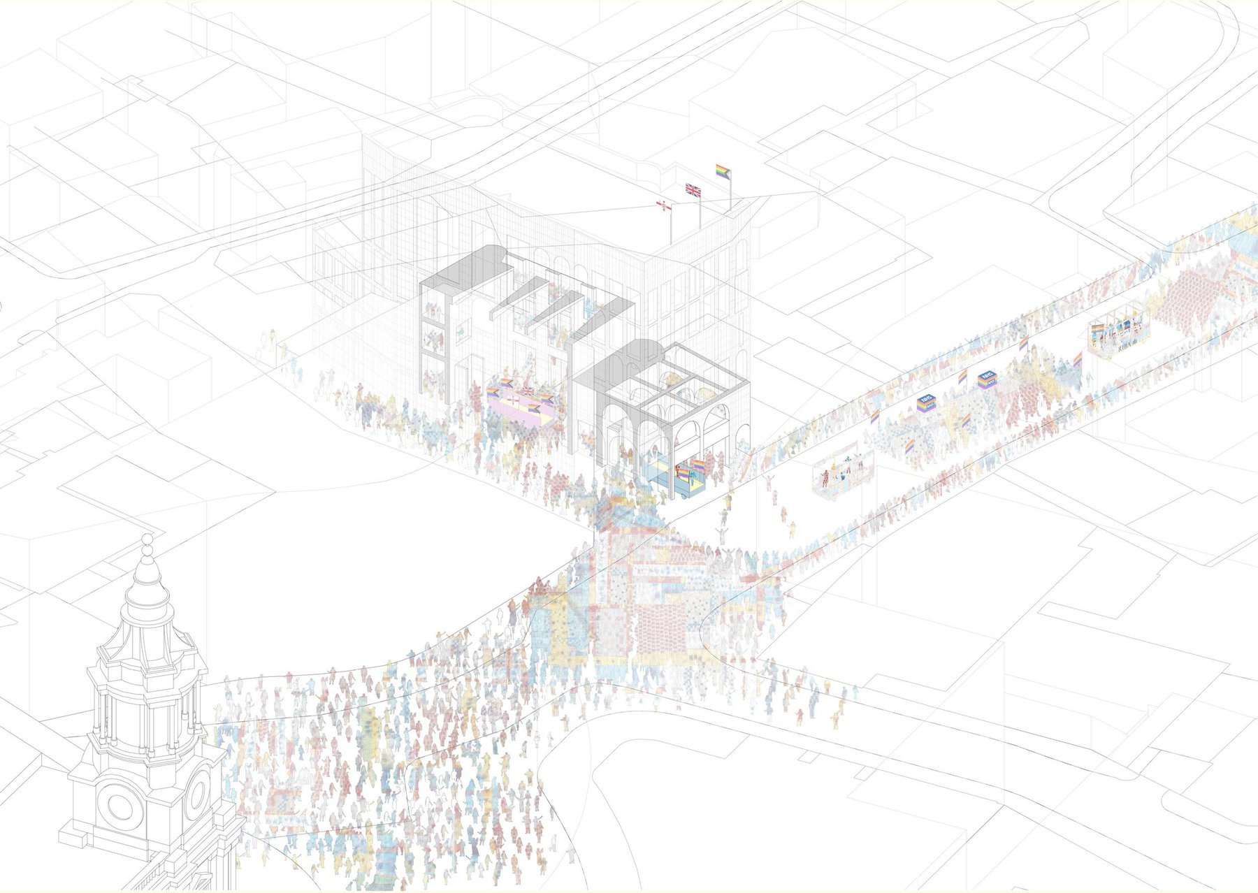 sketch of Cultural Centre at London Pride, start of a new route with lots of people at a different view