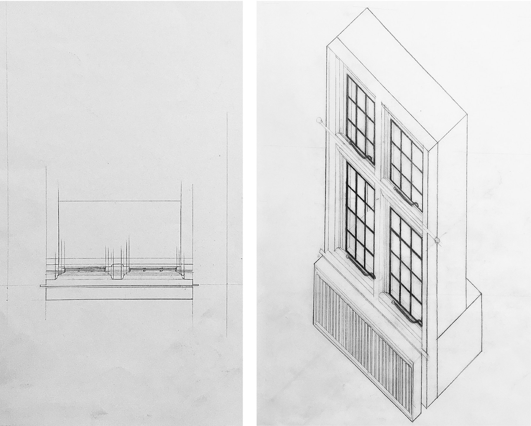 Two images are shown. A plan of a window on the left and an axonometric of the same window next to it. Pencil drawing
