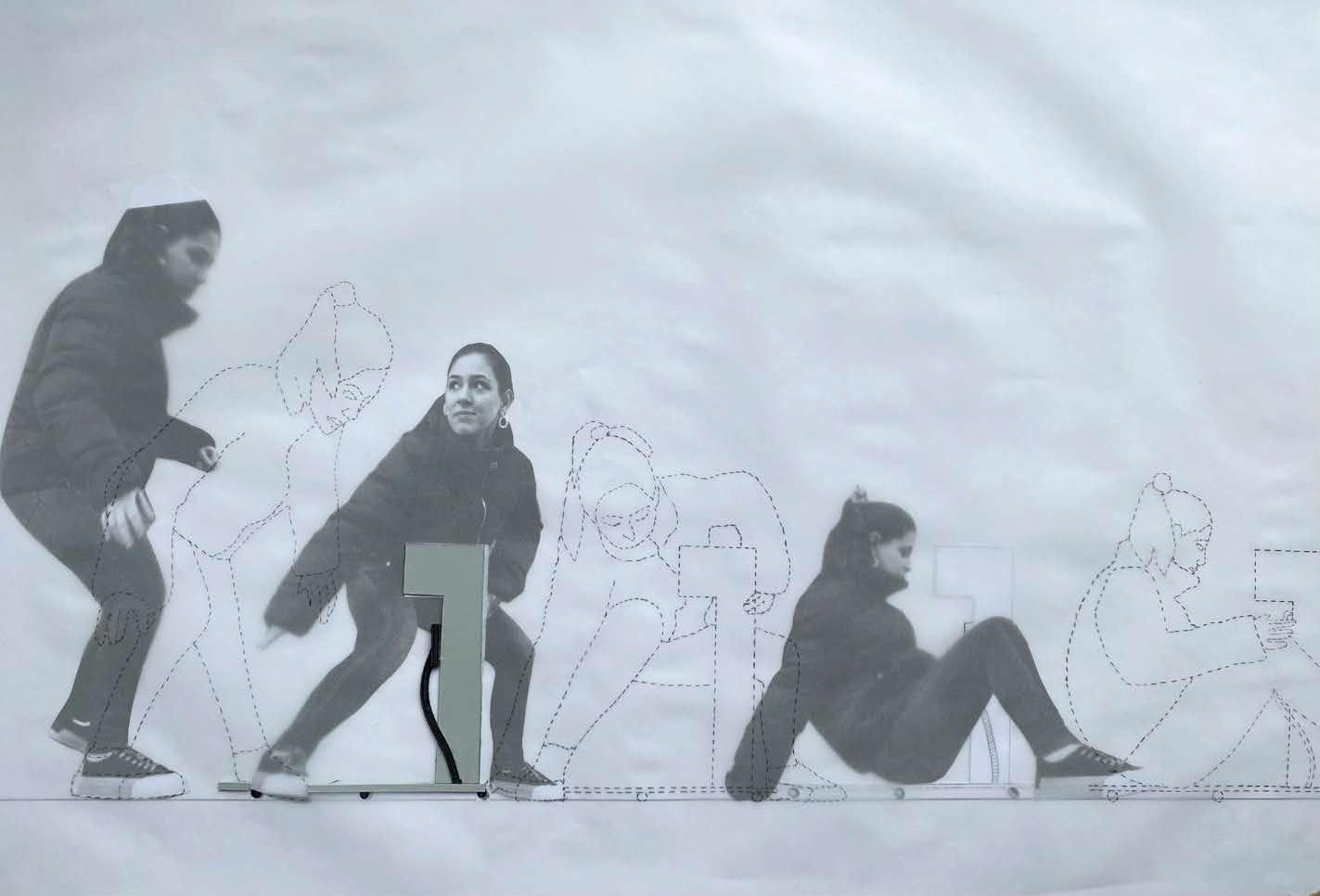 A piece of a longer movement drawing is shown, made out of layers of tracing paper and collaged printed paper showing the student stand up and slowly sit down onto a device