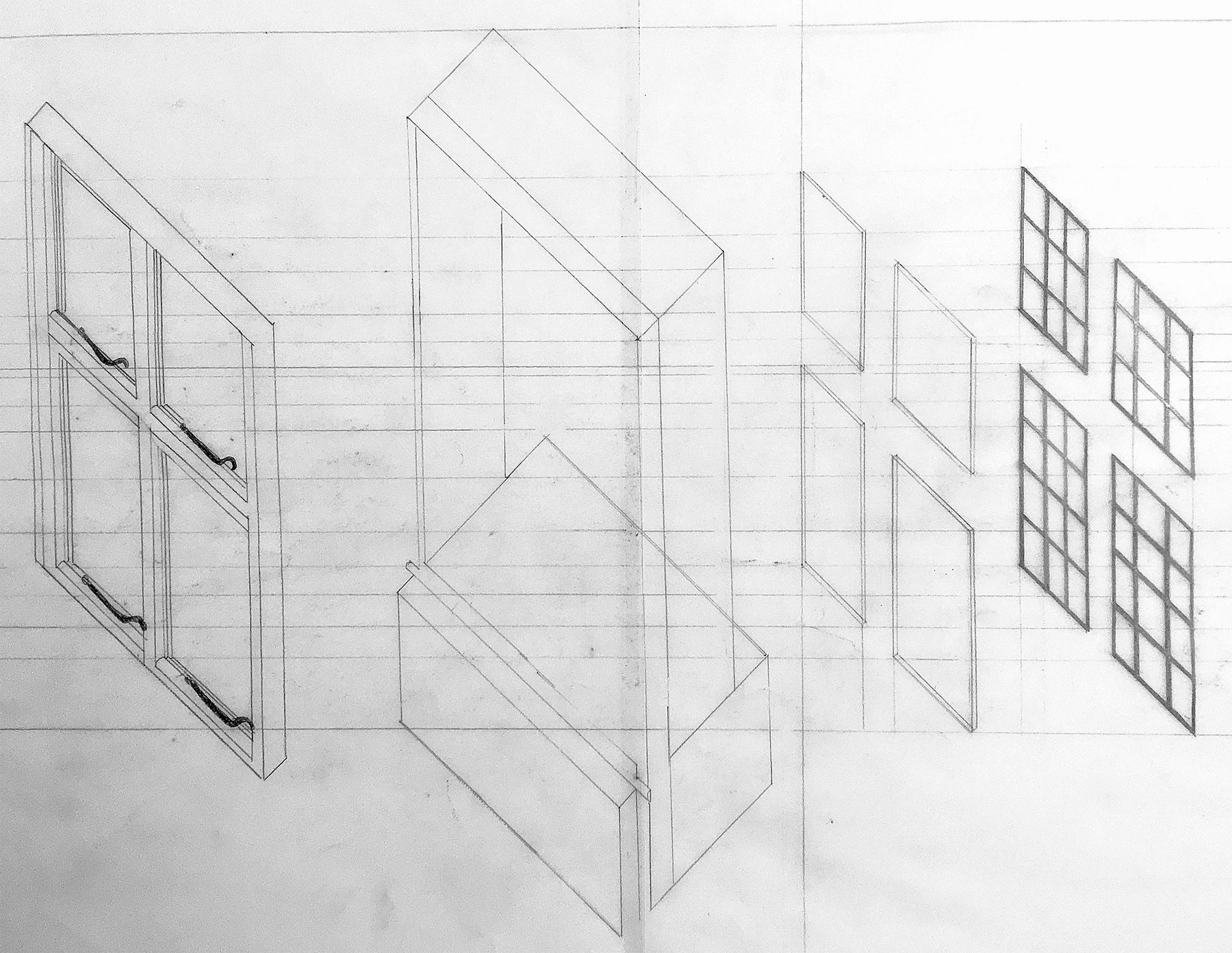 An exploded axonometric drawing showing the components of a window
