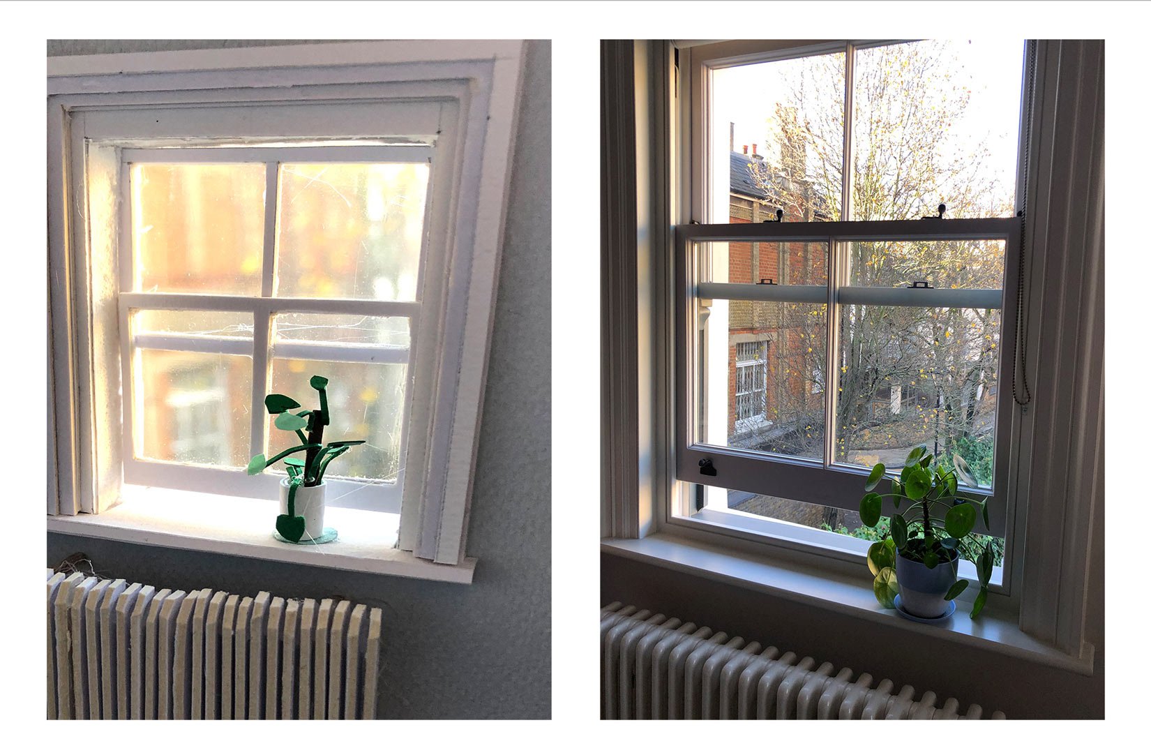 Two images next to each other showing in comparison the inside of a room in a model on the left and the inside of the same room in reality. Both images look towards a window. There is a flower pot on the windowsill which in the model is made out of paper