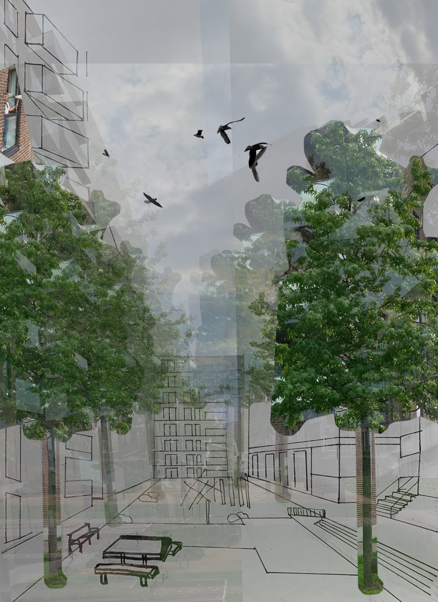 A composite digital image of a space between estate buildings shown in perspective. Birds are seen flying above