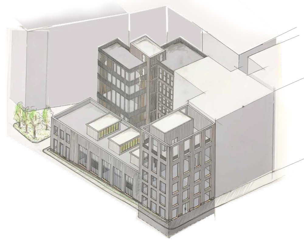 a 3d sketch of Ludgate Centre for Drama and City House