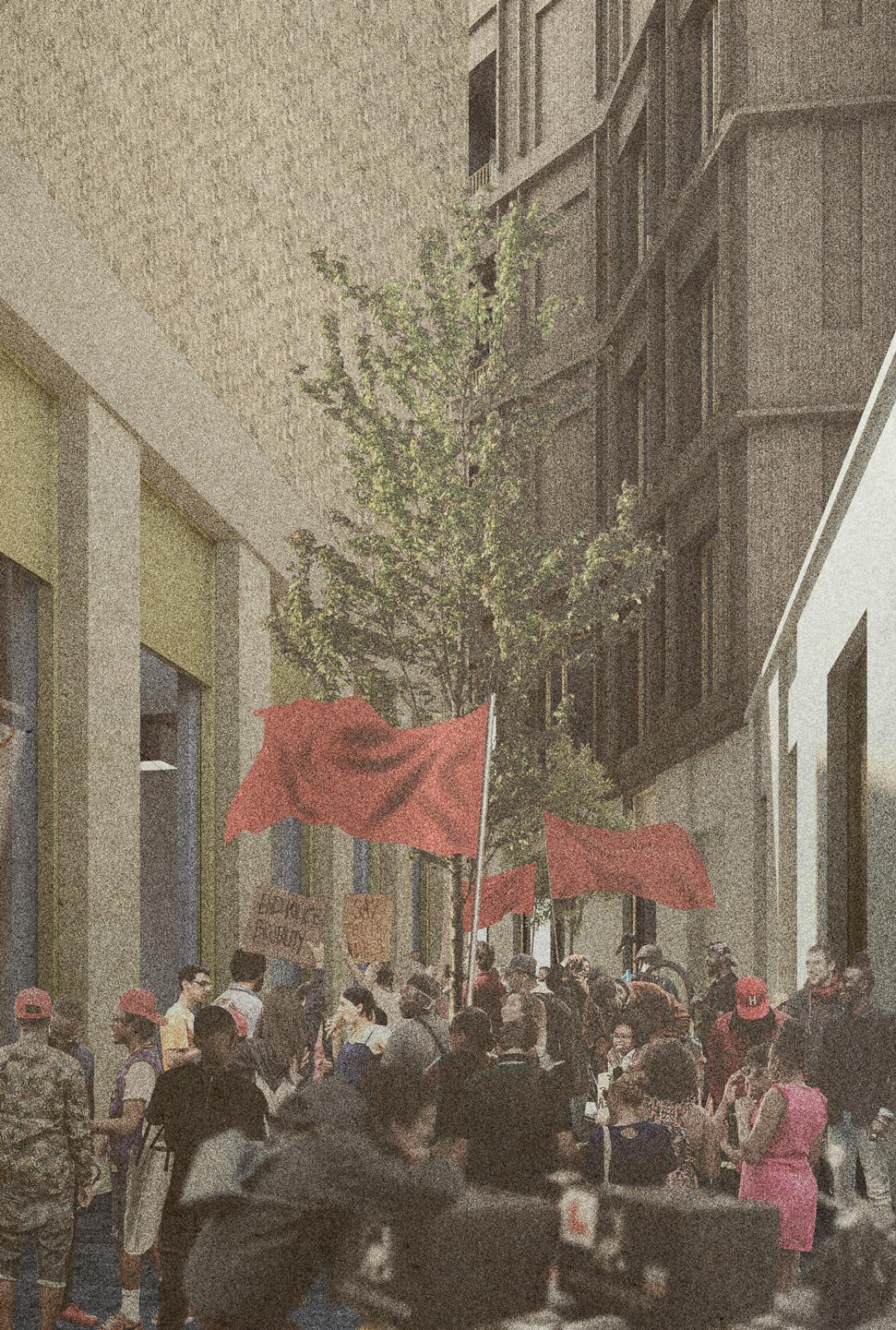 A courtyard of people holding flags in a revolution
