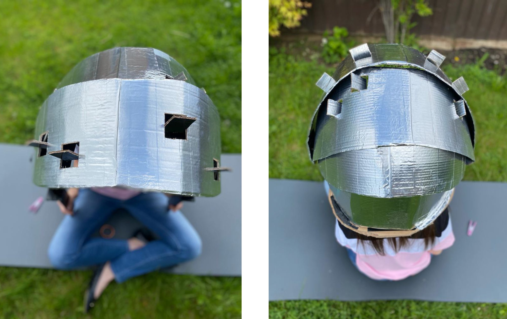 Two images next to each other showing a silvery headpiece worn by a seated student and viewed from above. The headpiece is made from segments that close over the head and has little windows letting the light inside of the helmet
