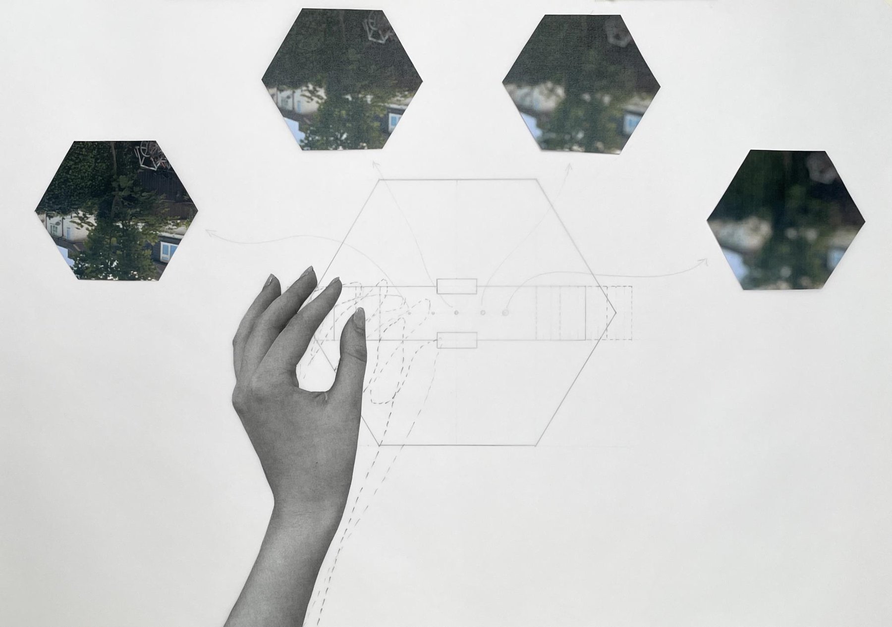 Composite drawing made of pencil drawings and collage showing a hand manipulating a hexagonal object so that 4 separate images appear as a result. Each image is gradually more blurry, indicating that the hand can control the amount of clarity