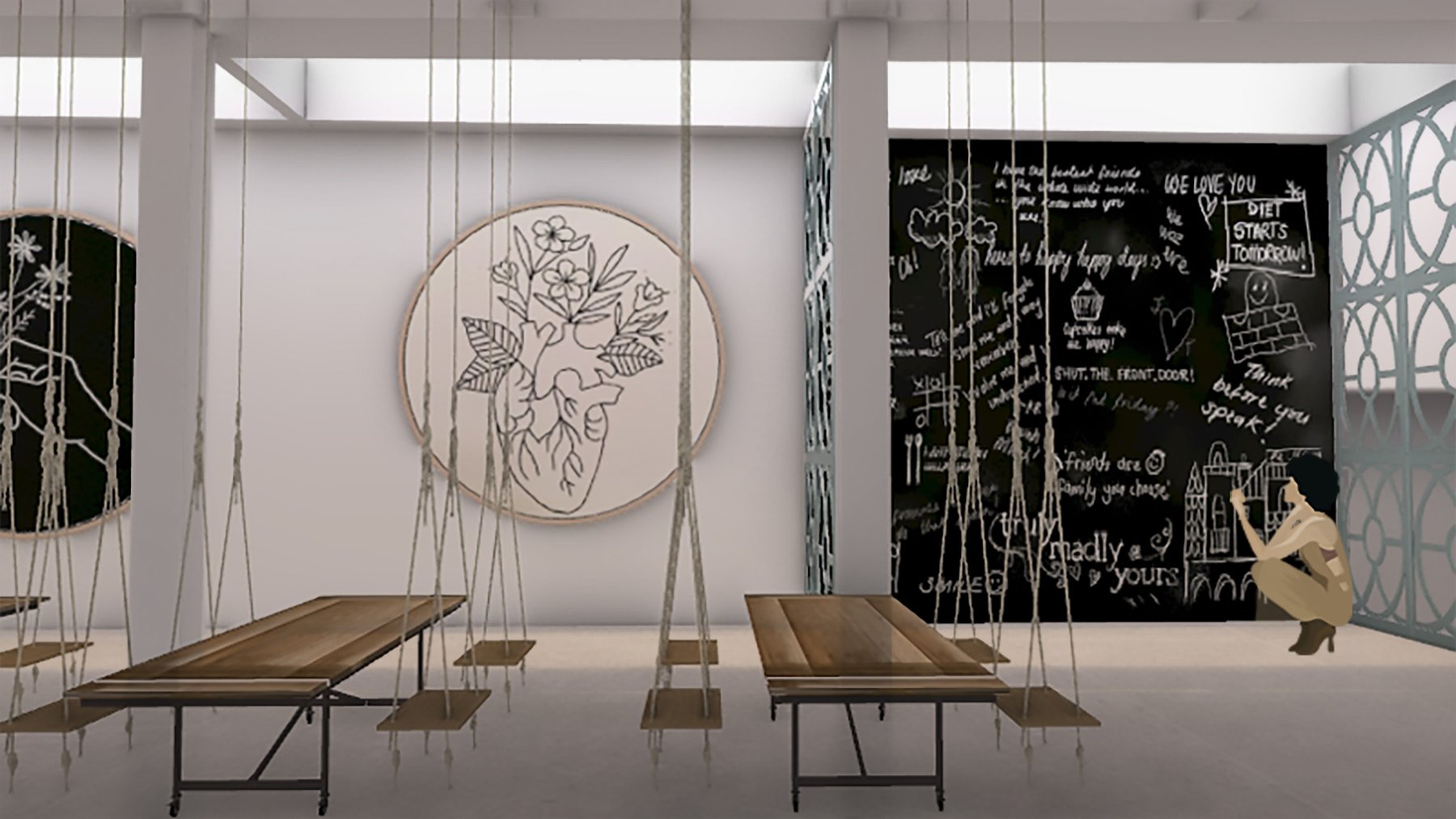 Concept proposal showing tables, swings and chalk board