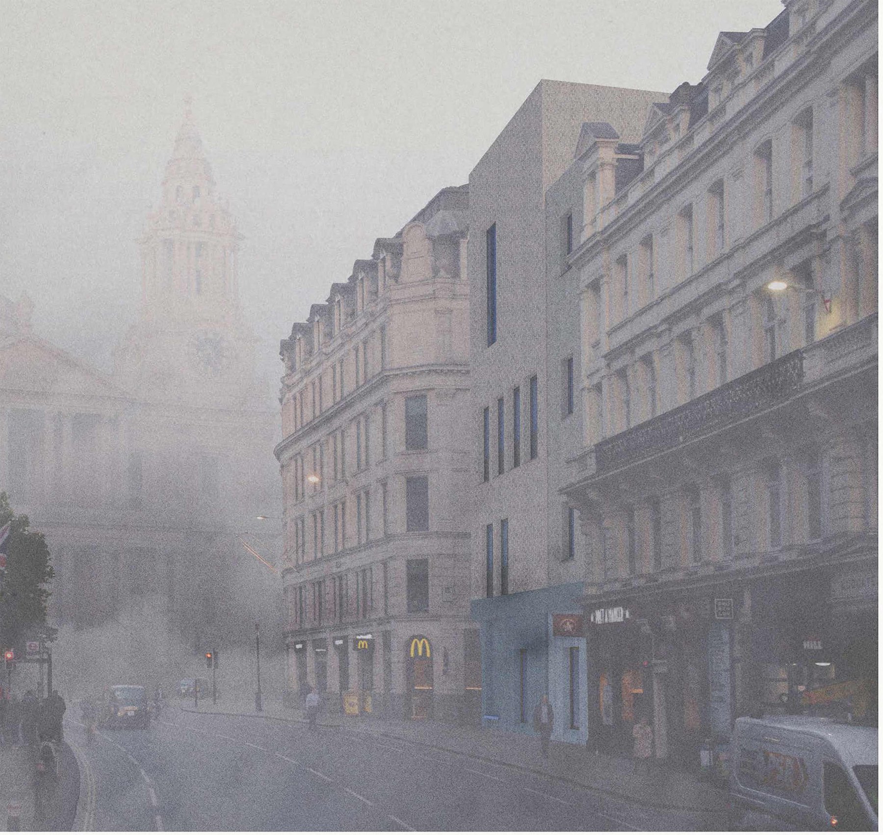 an eerie looking street with st pauls catherdral in mist and a high street in view