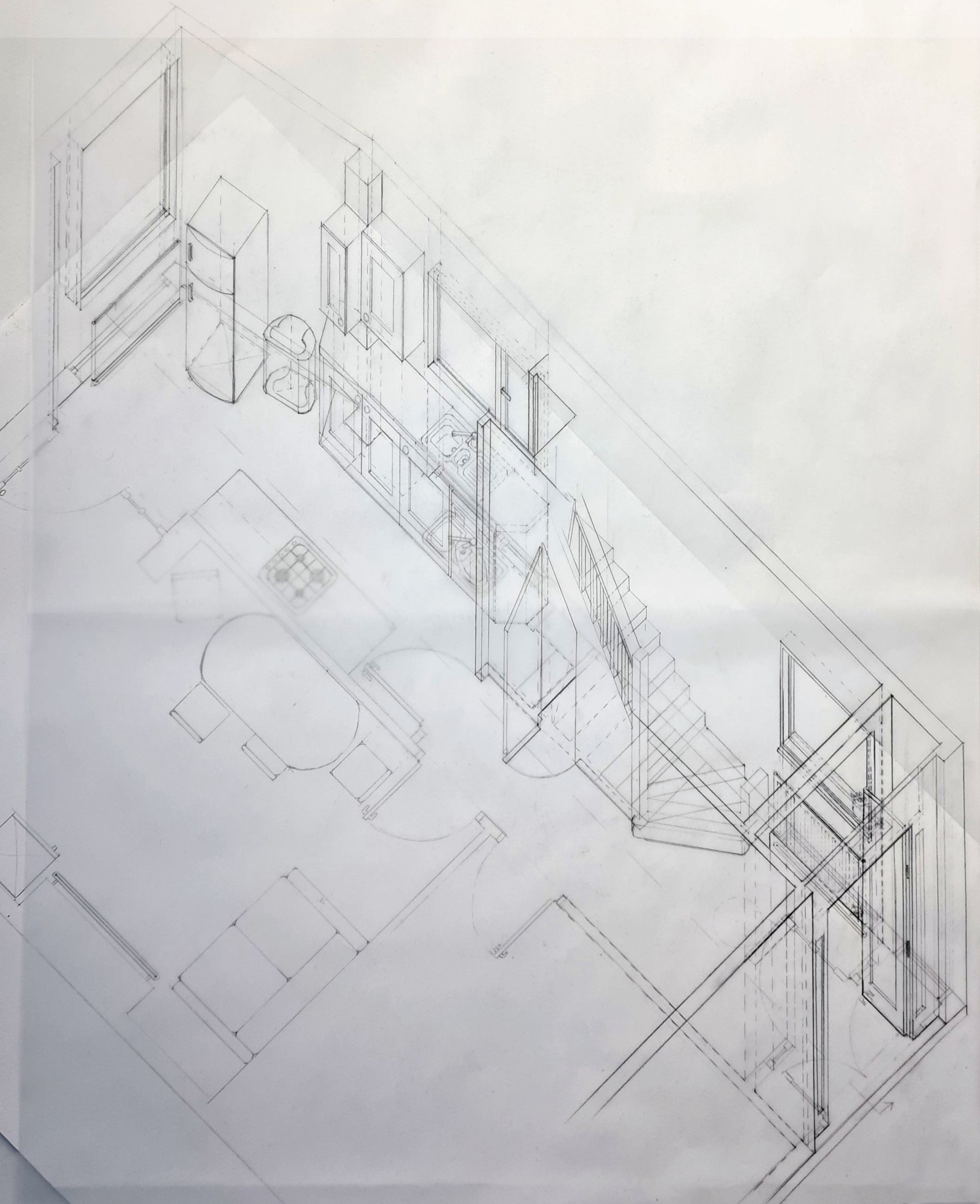 A layered axonometric drawing of a kitchen and entry into a house. Underneath the upper layer one can see the plan on which the axonometric drawing was constructed