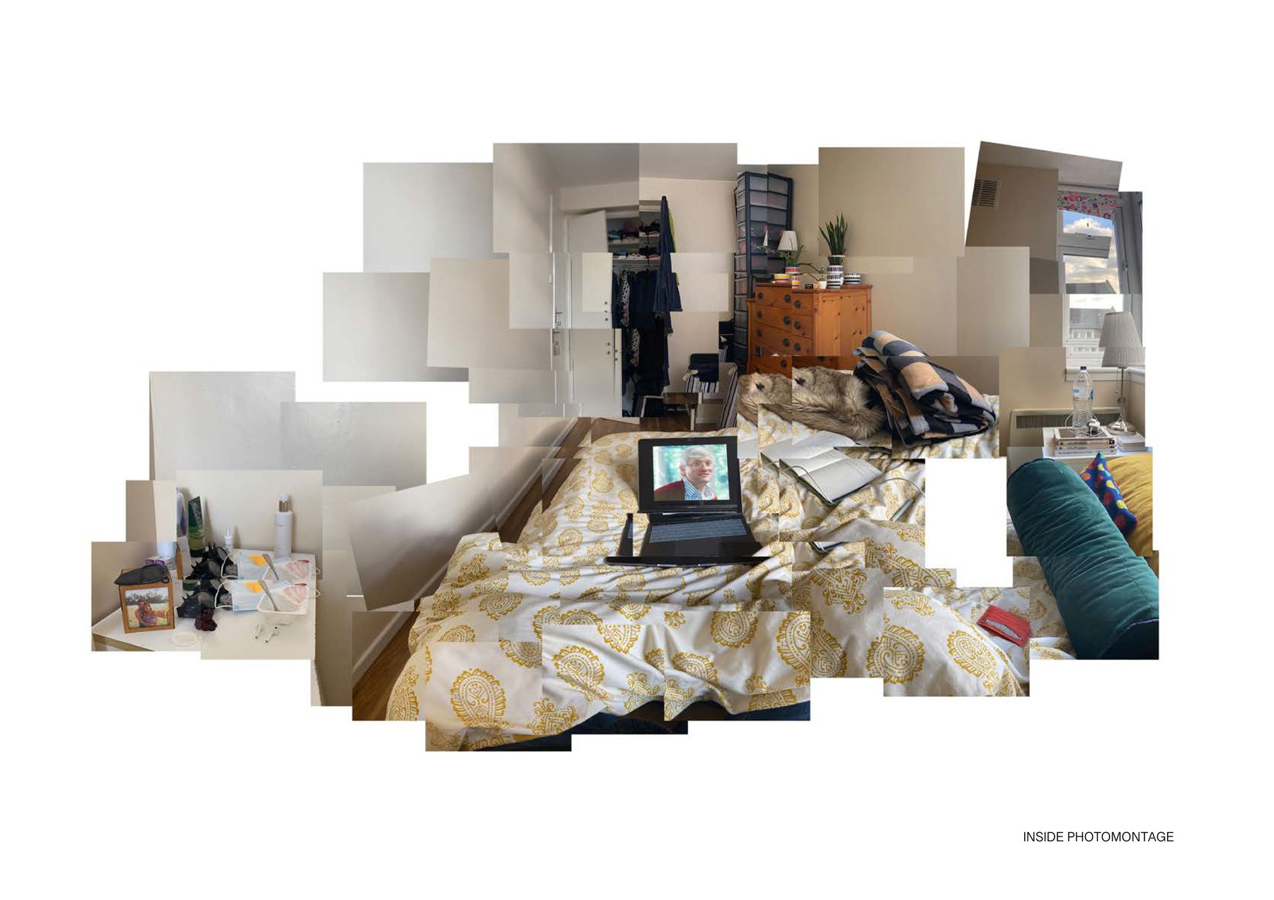 An image made out of multiple small photos taken from different angles and collaged together that show the interior of a student's bedroom