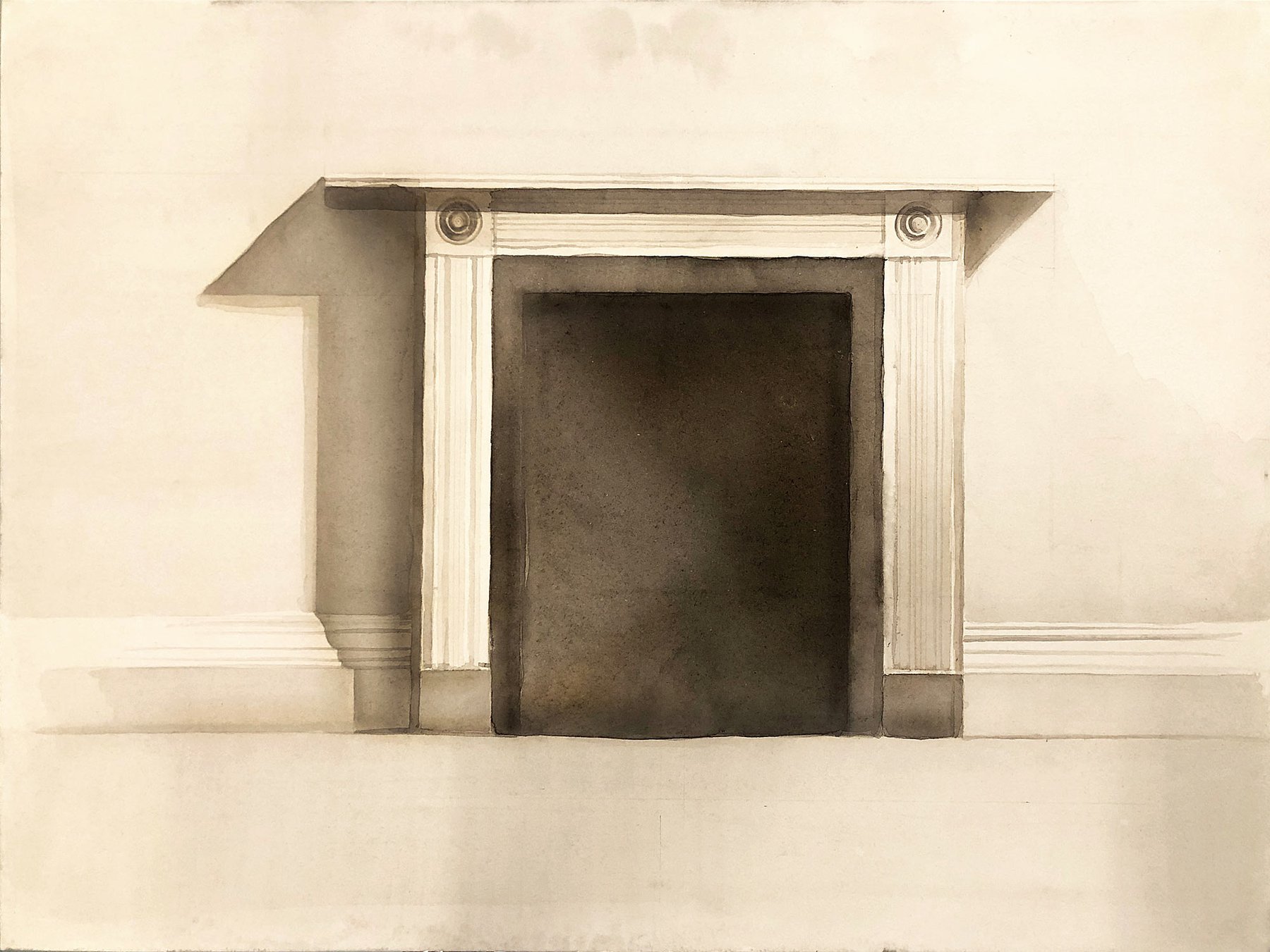An drawing of a fireplace coloured in a soft range of brown inks, to simulate light and shadows. The fireplace is a typical white mantelpiece as in most UK terrace houses