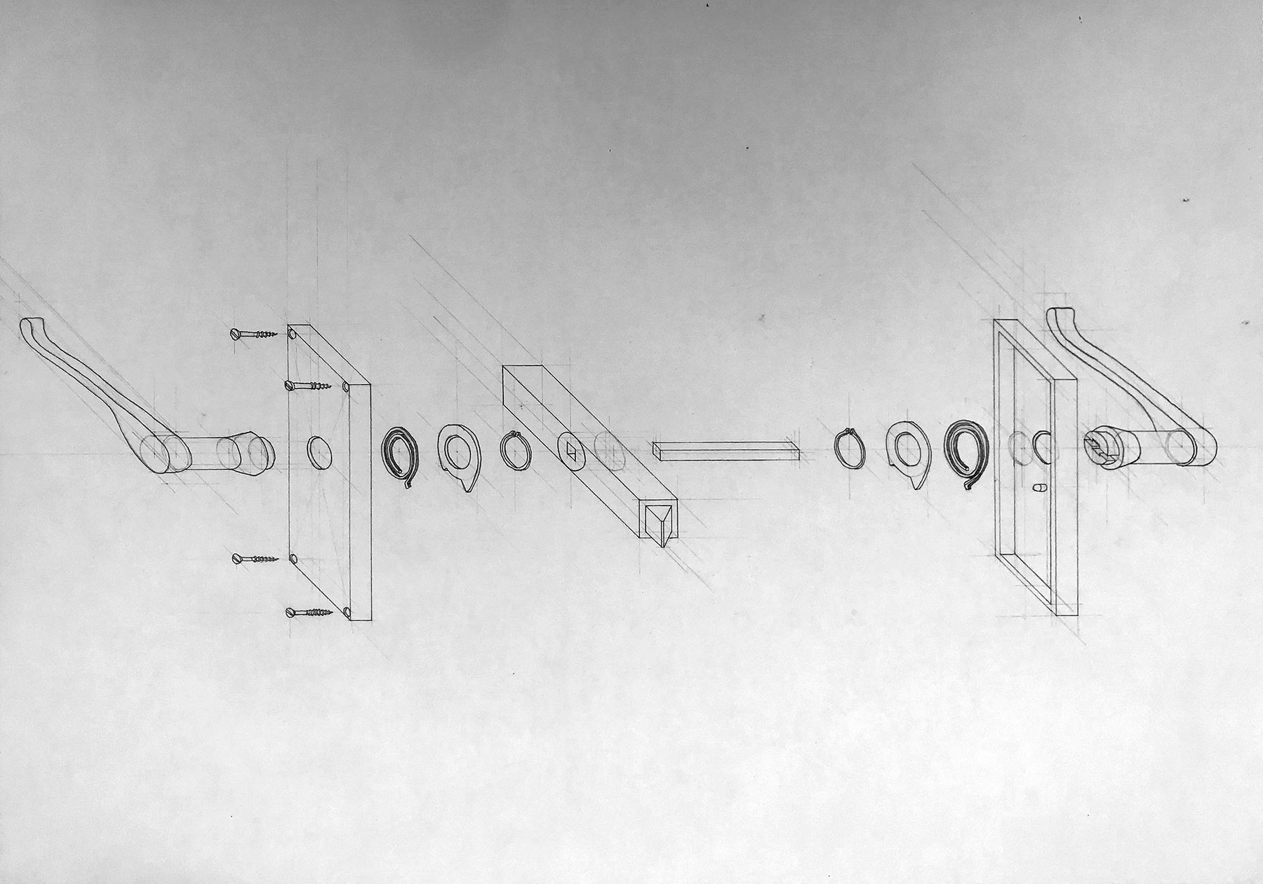 This drawing shows the mechanism of a door and handle, with all parts "exploded" along an axis, so one can see how each part fits into the other