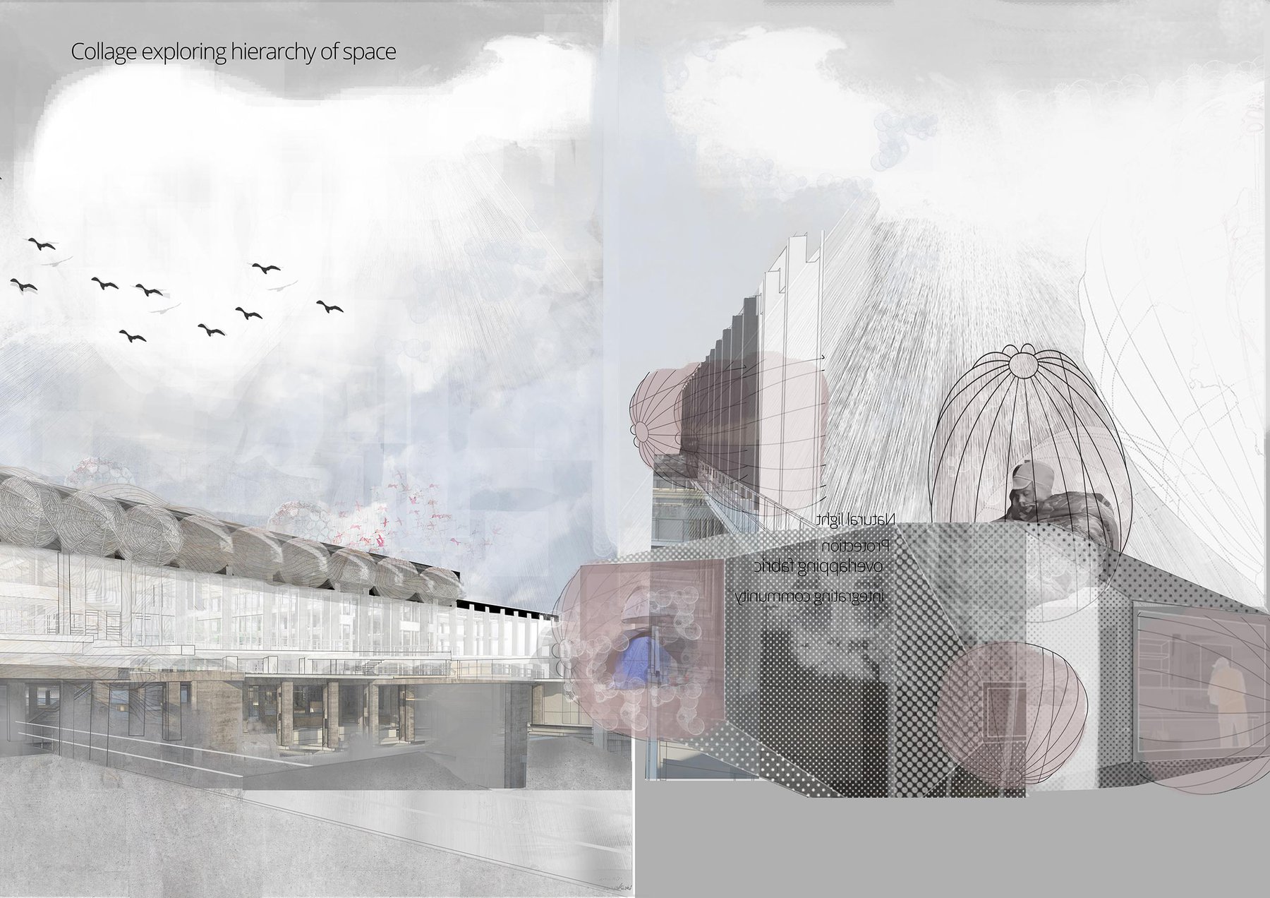 Collage of Euston station showing a series of homeless shelters on the roof