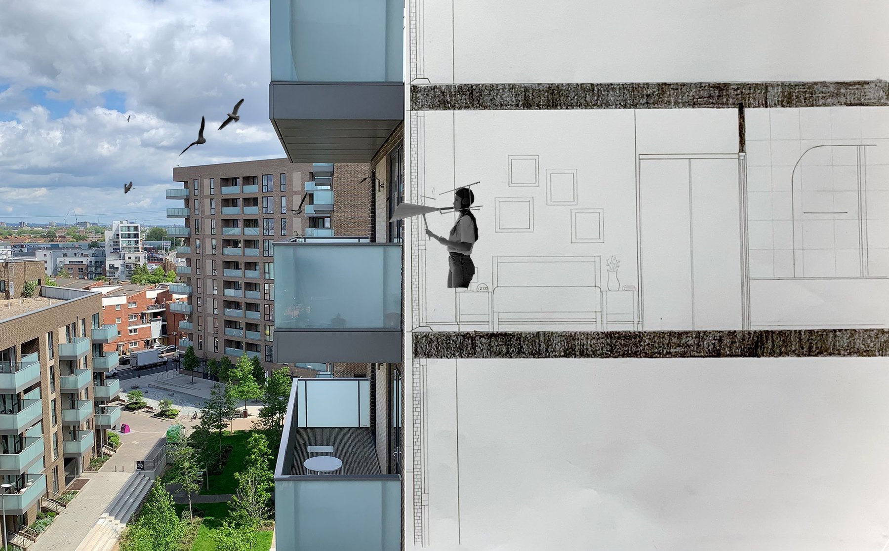 This is a composite drawing, made out of a pencil drawn section through a multi-story building and collaged photographs of the outside. A person is seen inside of one of the sectioned appartments
