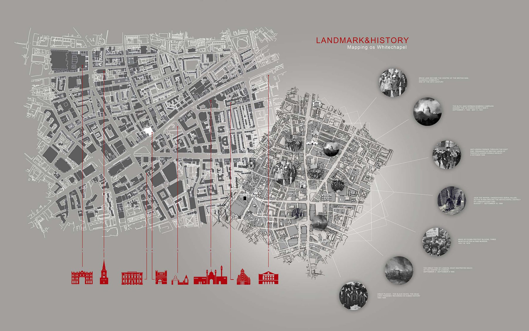 Mapping showing key landmarks in the Whitechapel area