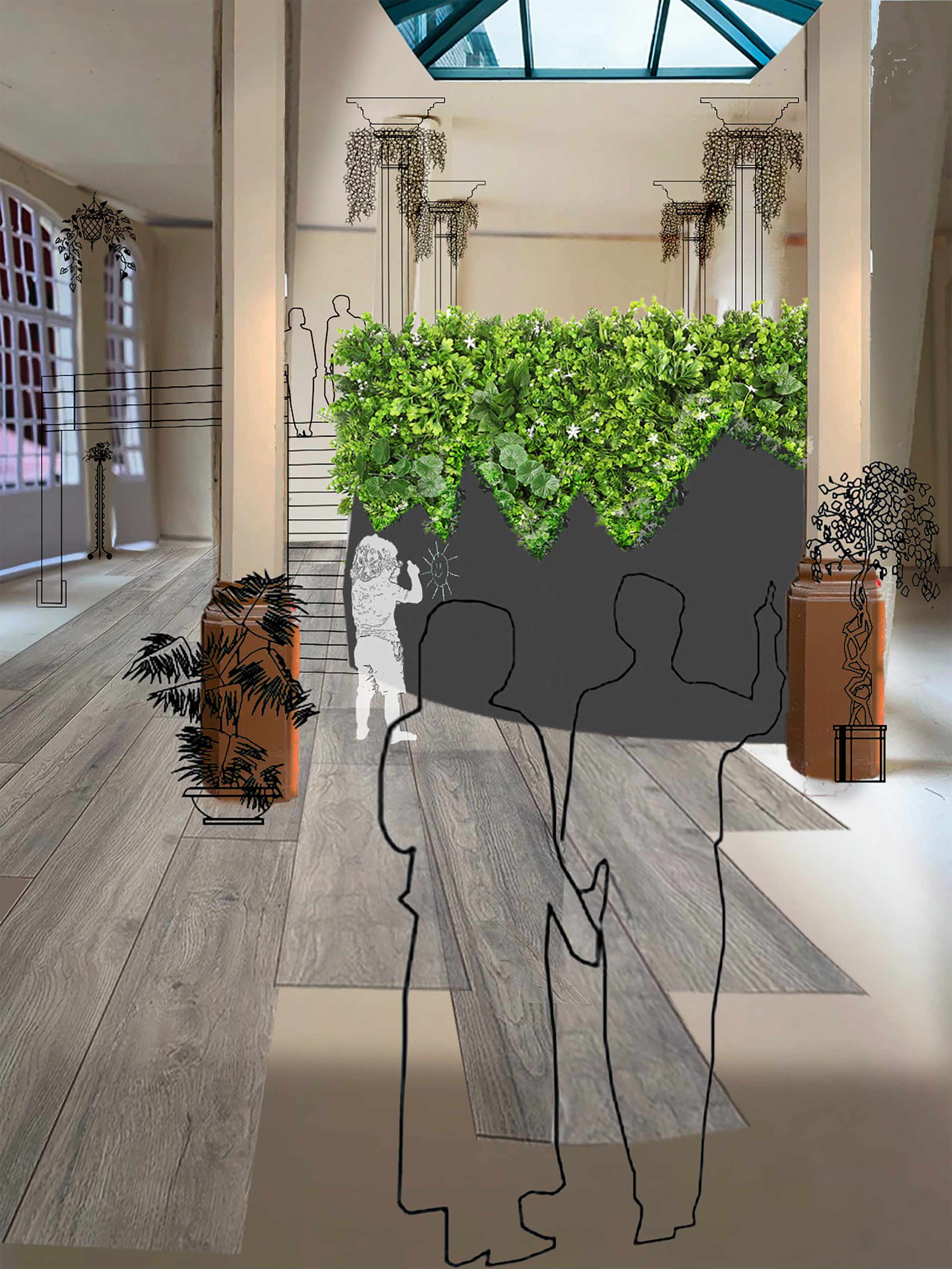 Visual showing planting and people in a room with columns