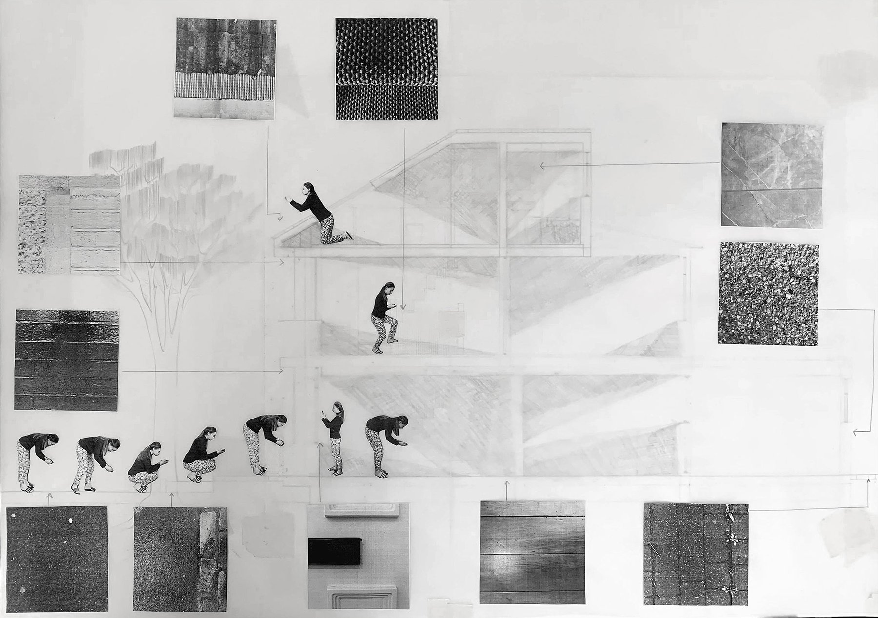 A composite drawing which is a section through a house with 2 levels. A small person is collaged in multiple places in the drawing to suggest their movement through the space. The small person is seen inspecting the floor