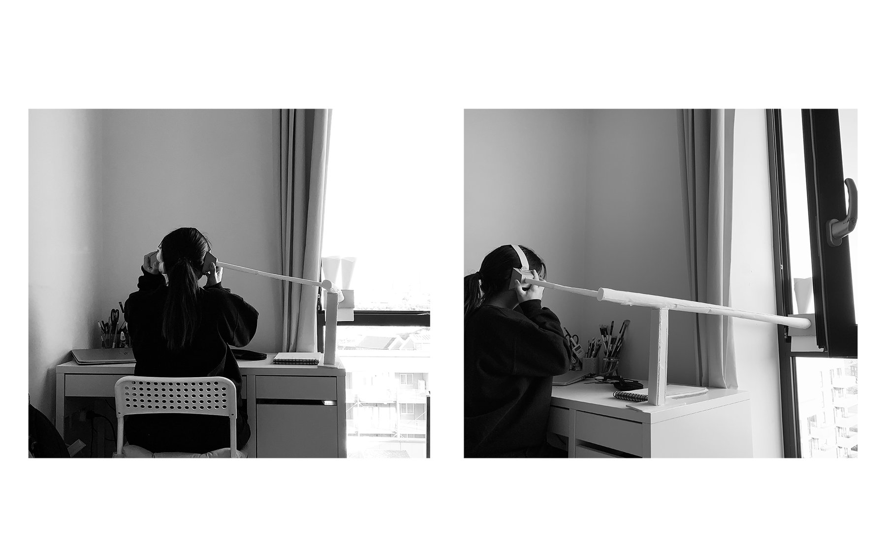 Two images next two each other showing a seated female model from the back facing a wall with a window. The model holds a device to their ear which looks like a tube that is fixed to the table and points outside the window