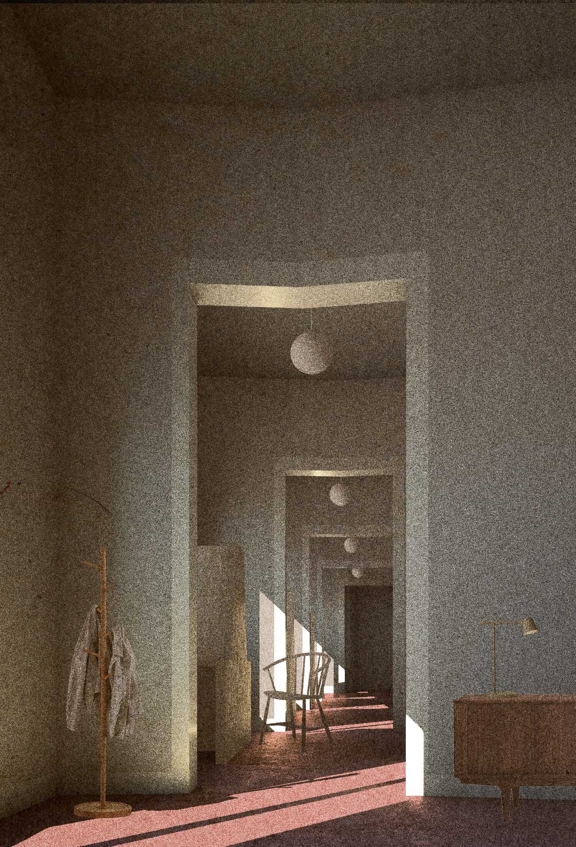a grainy image of a hallway with a chair