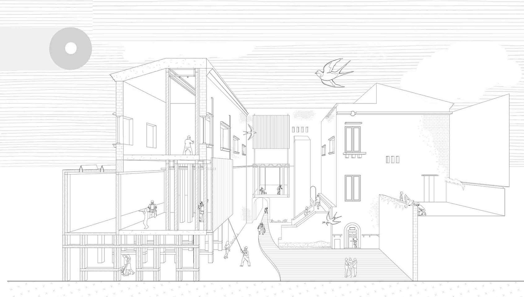 Perspective section of the Rivellino and the new proposed interventions within and adjacent to the south area of the building, the project investigates the relationship between the community and the prefabrication pods industry. Drawing by Luka Morris