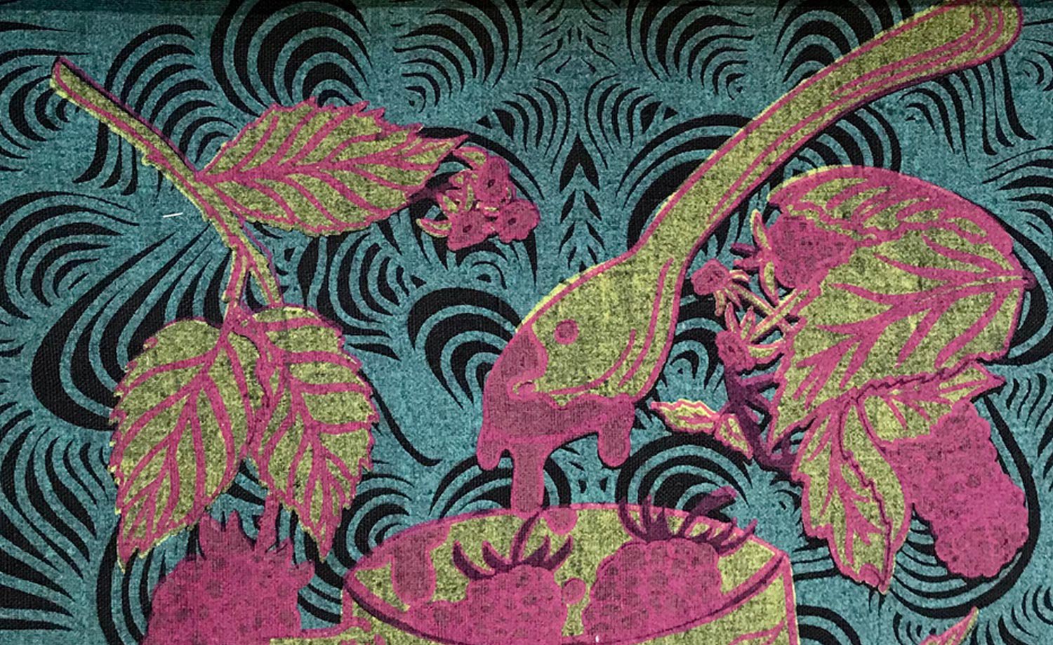 Detail of print on fabric showing spoon in a jar with pattern behind by Lizeth Gallegos