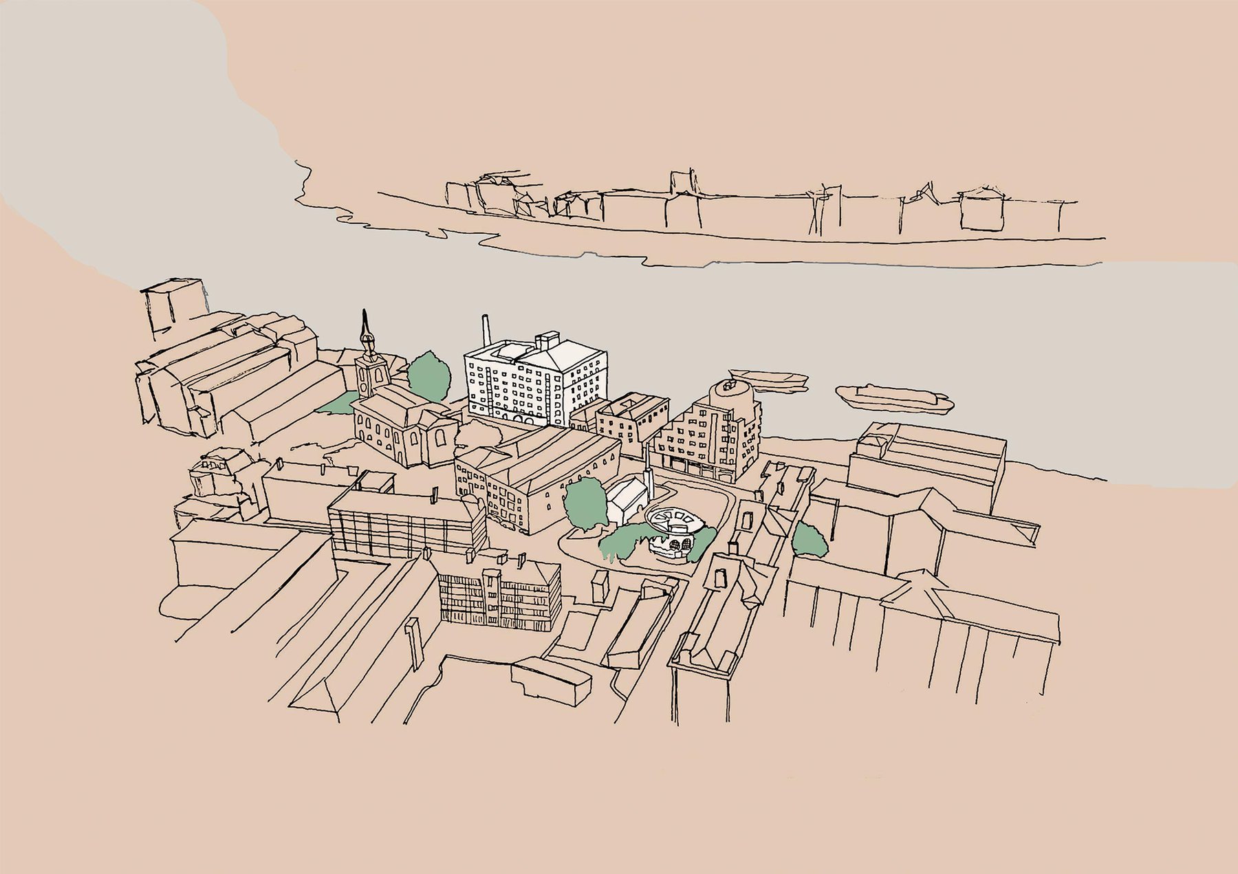 Birds eye view of Rotherhithe with pink background, drawn by hand.