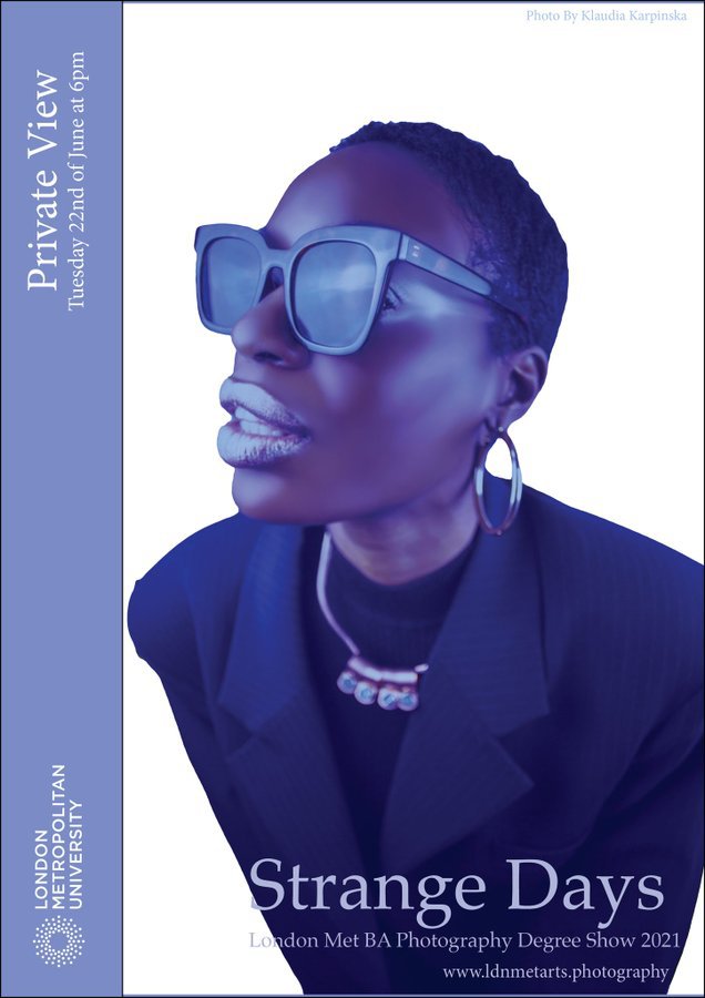 A blue-tinted portrait of a young black woman with large sunglasses